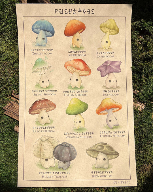 print of mushroom characters based on mushrooms in the legend of zelda games
