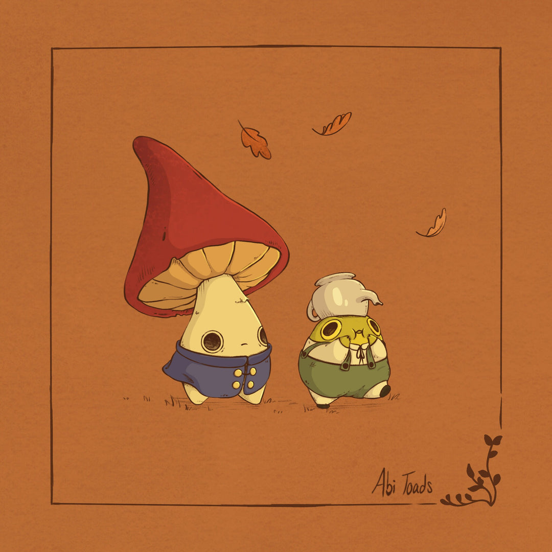 print of a mushling and frog walking together dressed up as characters from over the garden wall