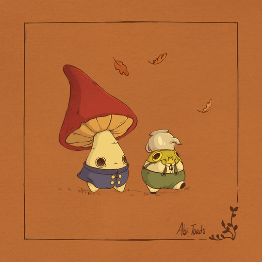 print of a mushling and frog walking together dressed up as characters from over the garden wall