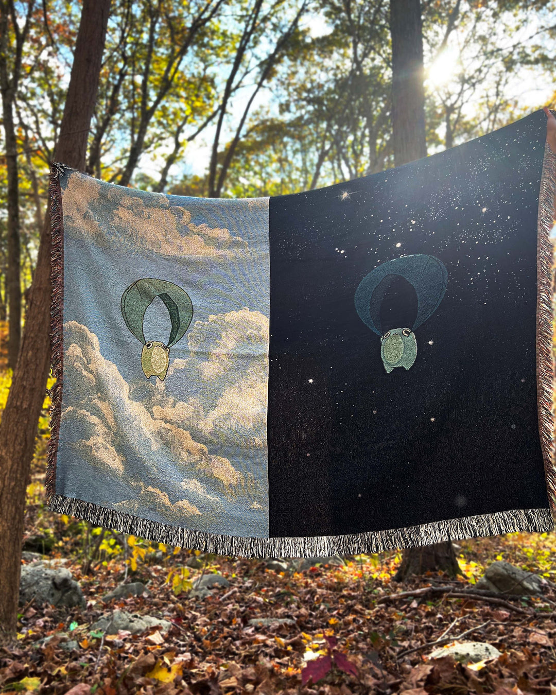 queen sized woven blanket of frogs sliding through a day sky and night sky split between halves of the blanket