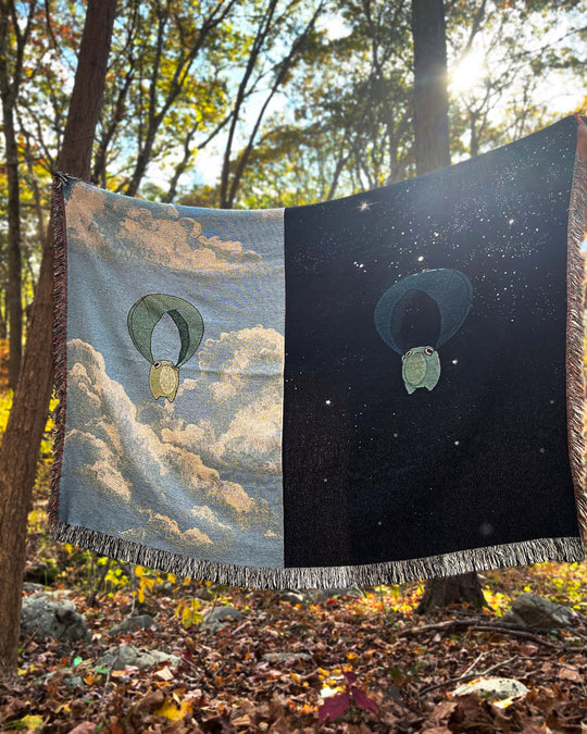 queen sized woven blanket of frogs sliding through a day sky and night sky split between halves of the blanket