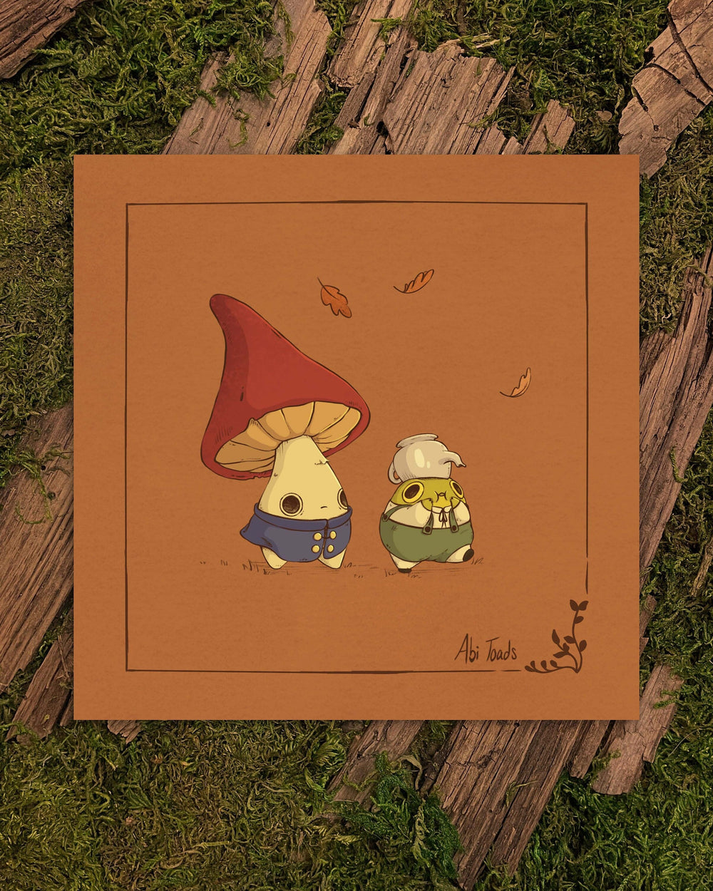 print of a mushling and frog walking together dressed up as characters from over the garden wall