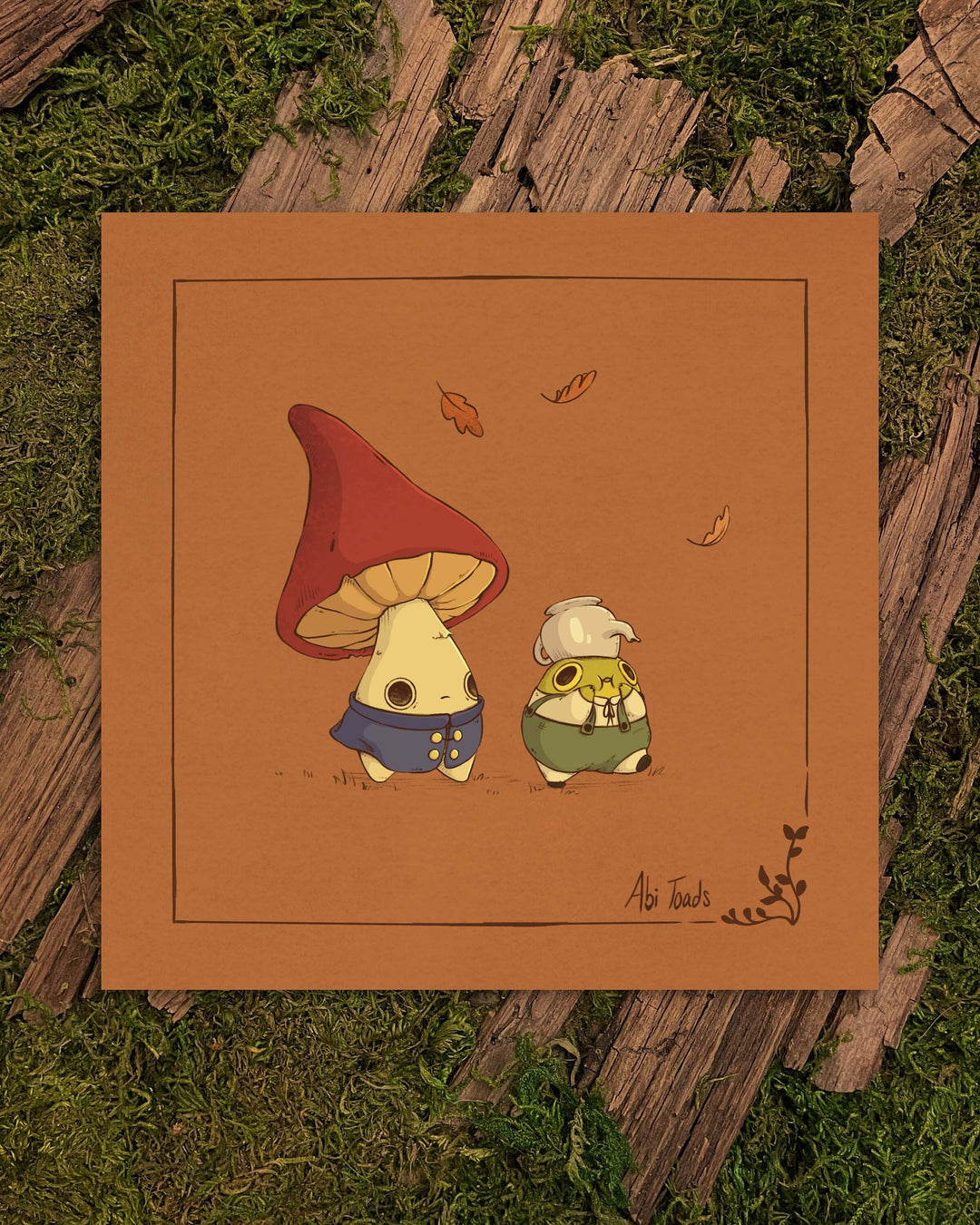 print of a mushling and frog walking together dressed up as characters from over the garden wall