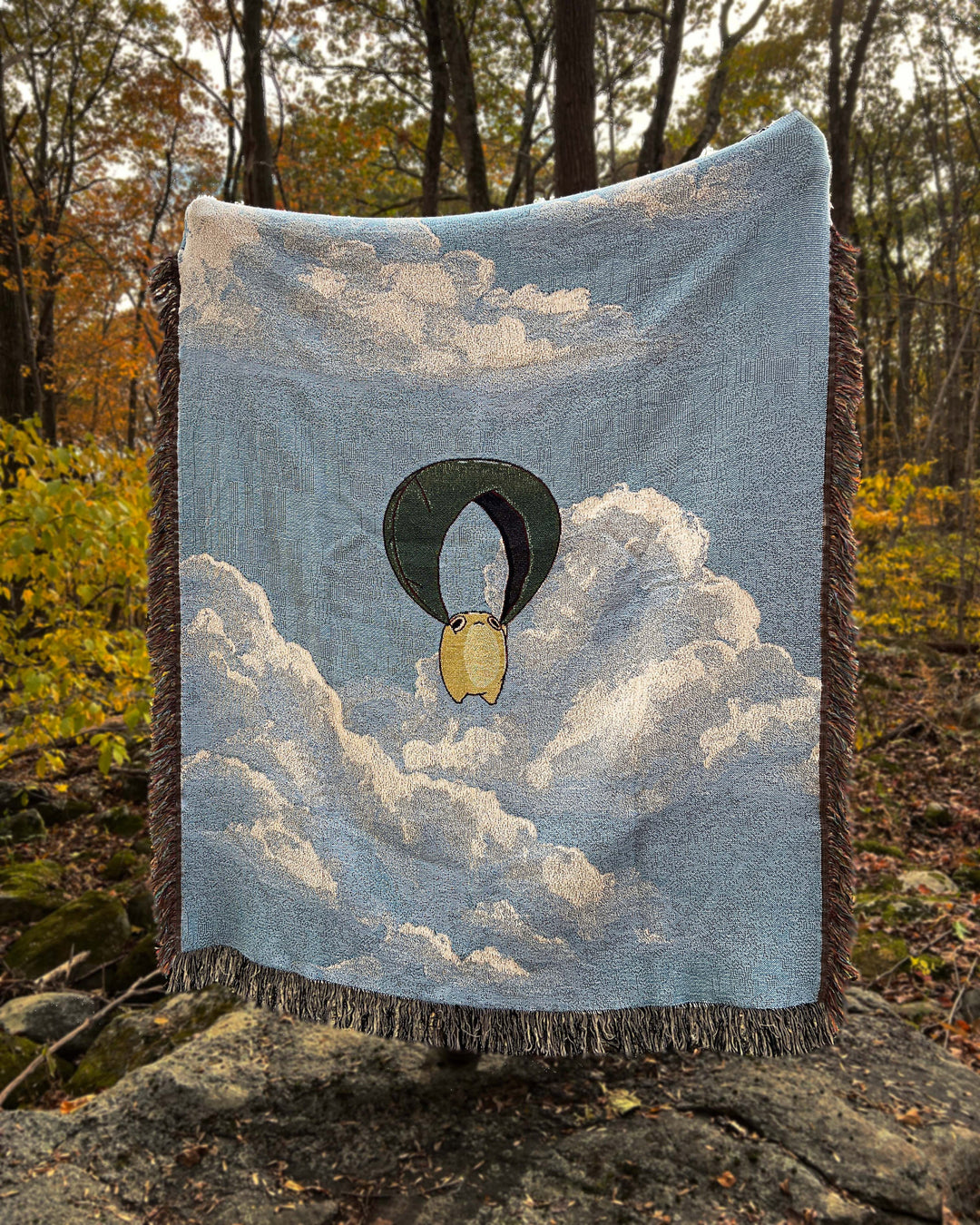 throw sized woven blanket of frog gliding on leaf through a cloudy sky