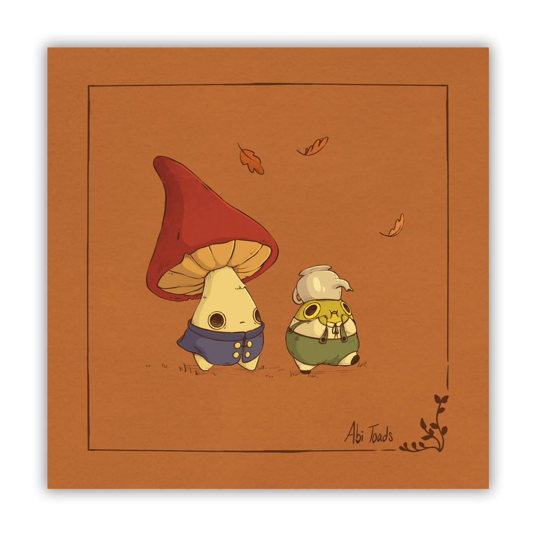 print of mushling and frog walking dressed up as characters from over the garden wall