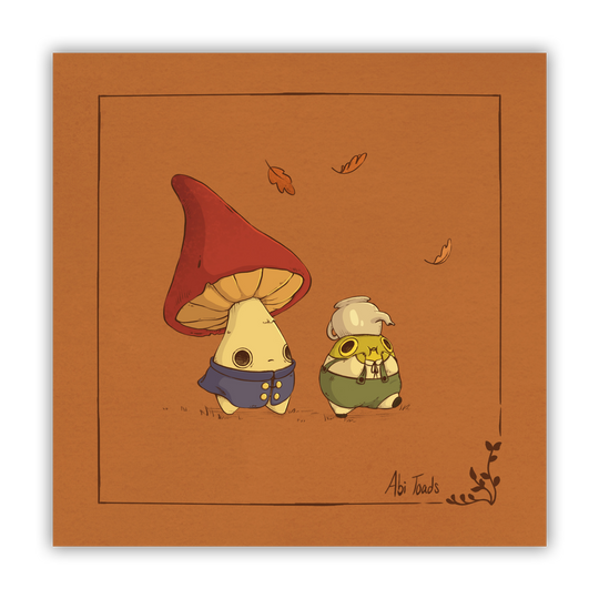 print of mushling and frog walking dressed up as characters from over the garden wall