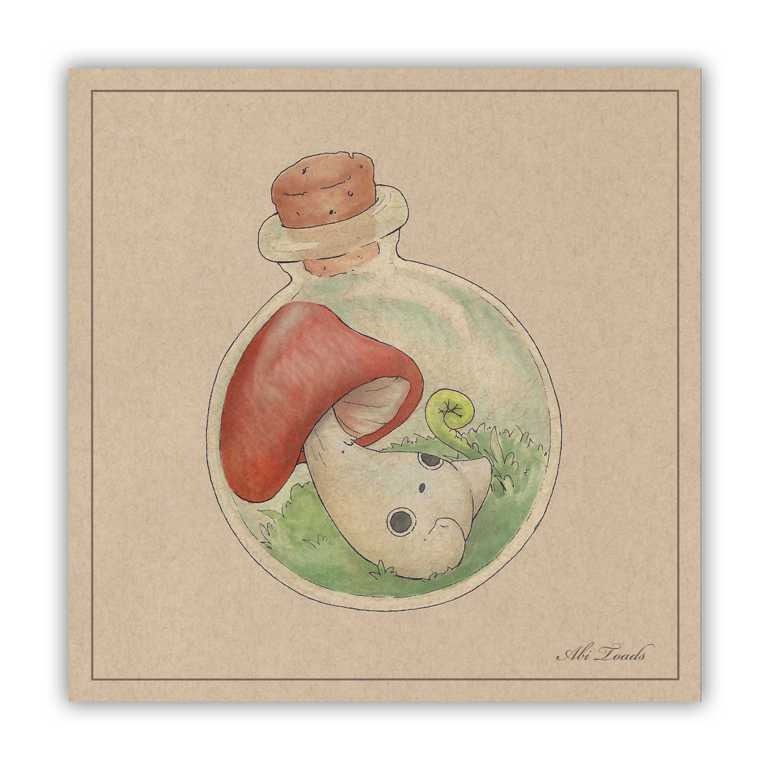 print of red capped mushling trapped in a round jar