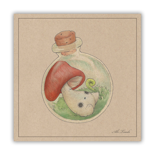 print of red capped mushling trapped in a round jar