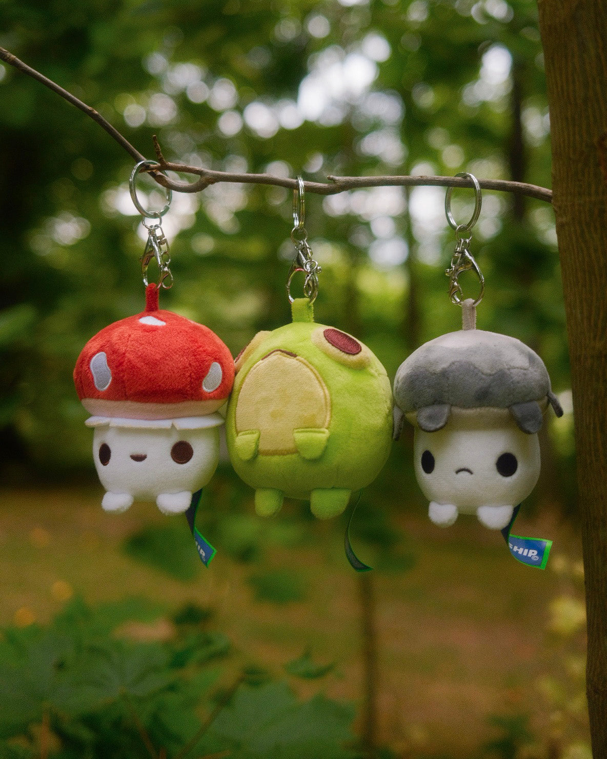 Three plush keychains shaped like a mushroom, frog and inky cap mushroom hanging on a branch with a natural background.