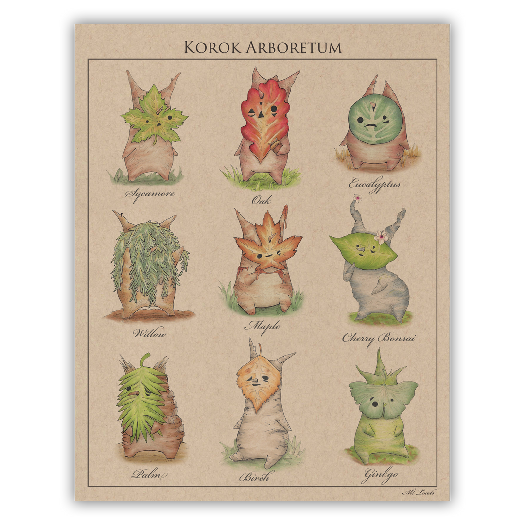print of koroks with different tree leaves as their masks