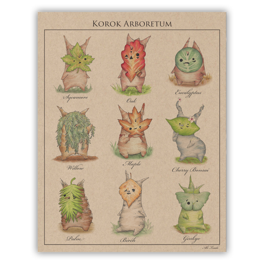 print of koroks with different tree leaves as their masks
