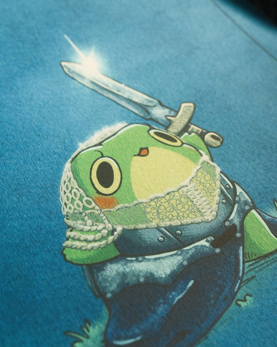Cartoon frog in armor with a sword on a blue background