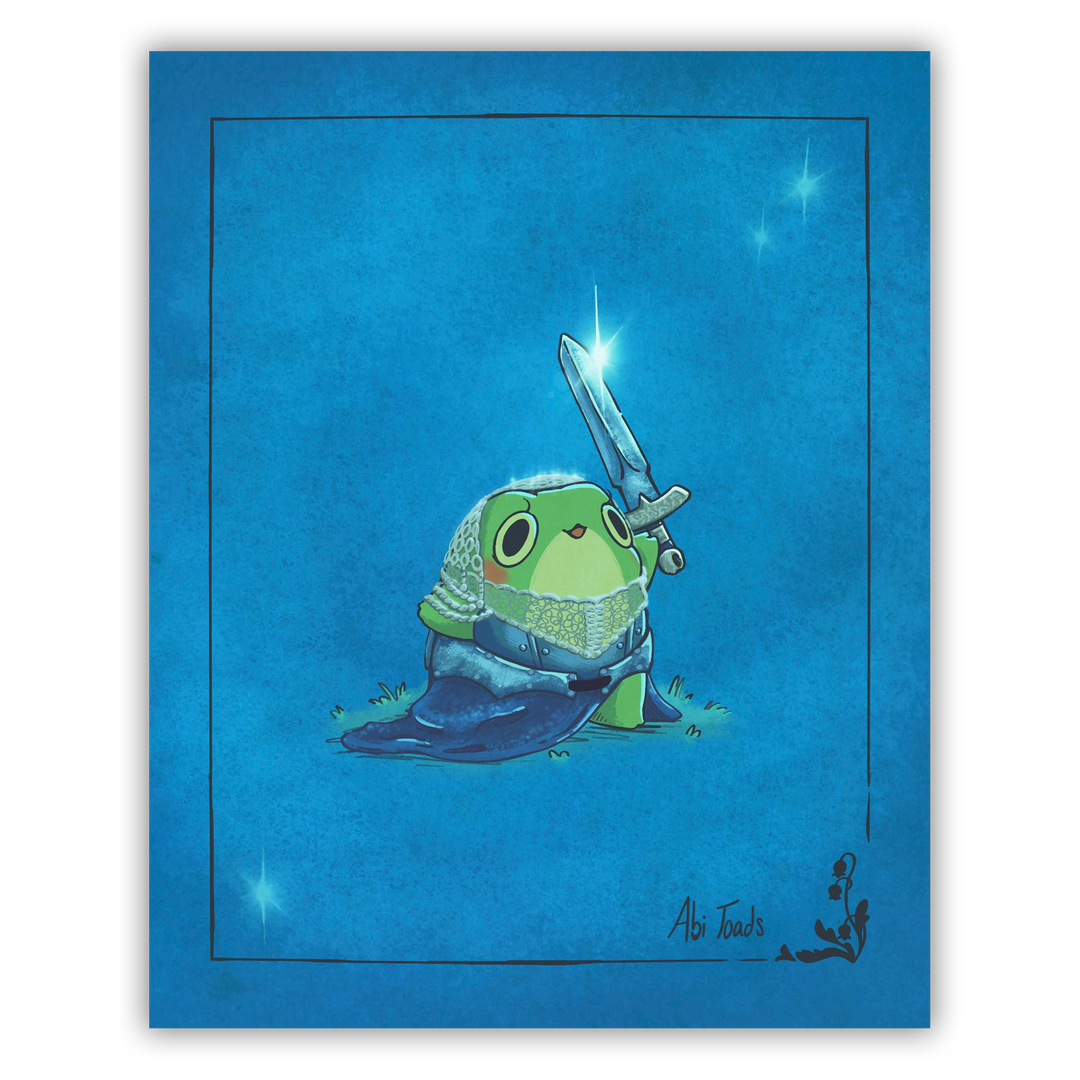 Illustration of a green frog holding a sword on a blue background