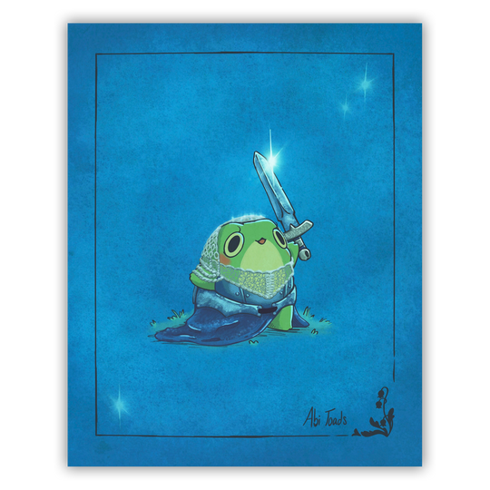 Illustration of a green frog holding a sword on a blue background