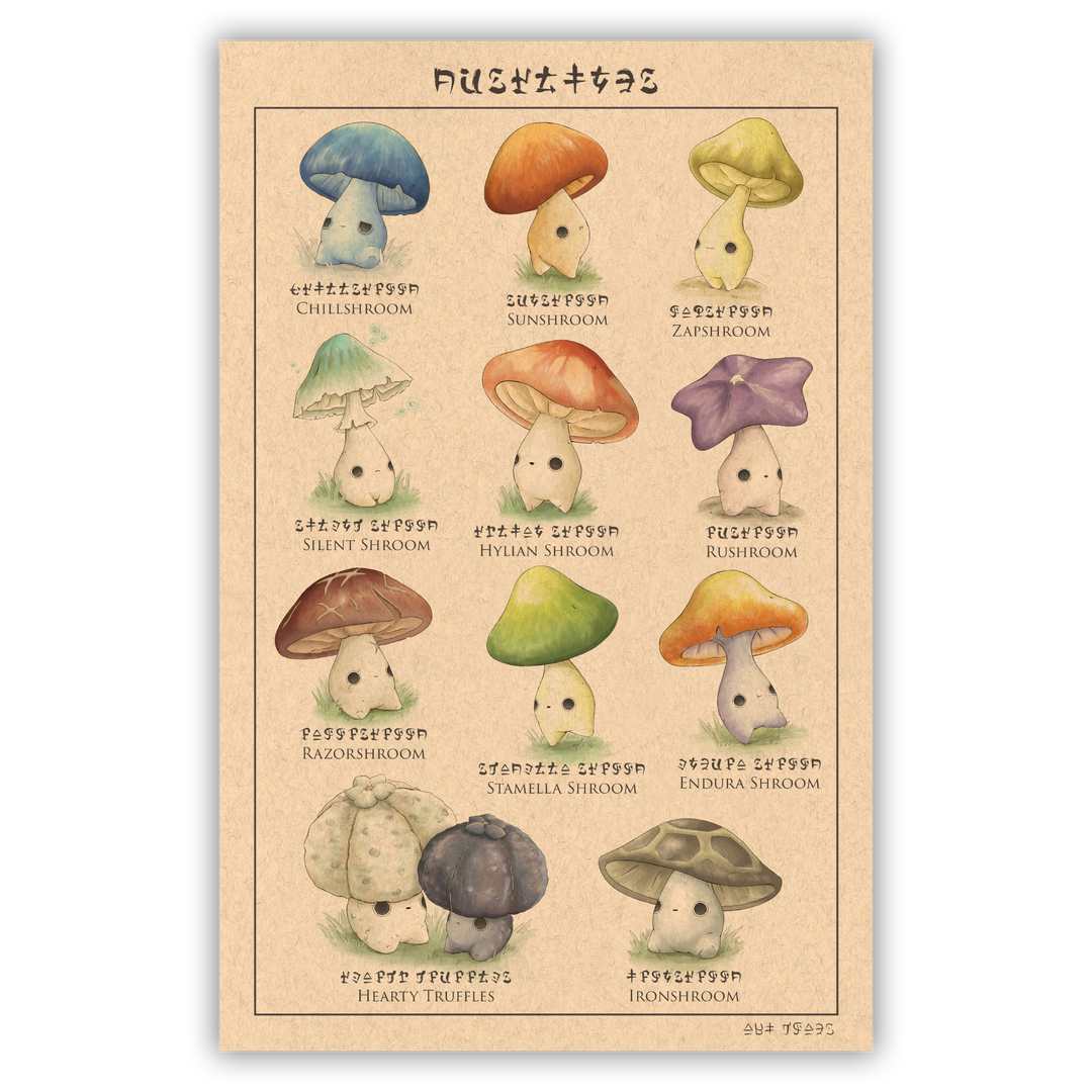 print of mushroom characters based on mushrooms in the legend of zelda games 