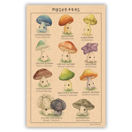 print of mushroom characters based on mushrooms in the legend of zelda games 