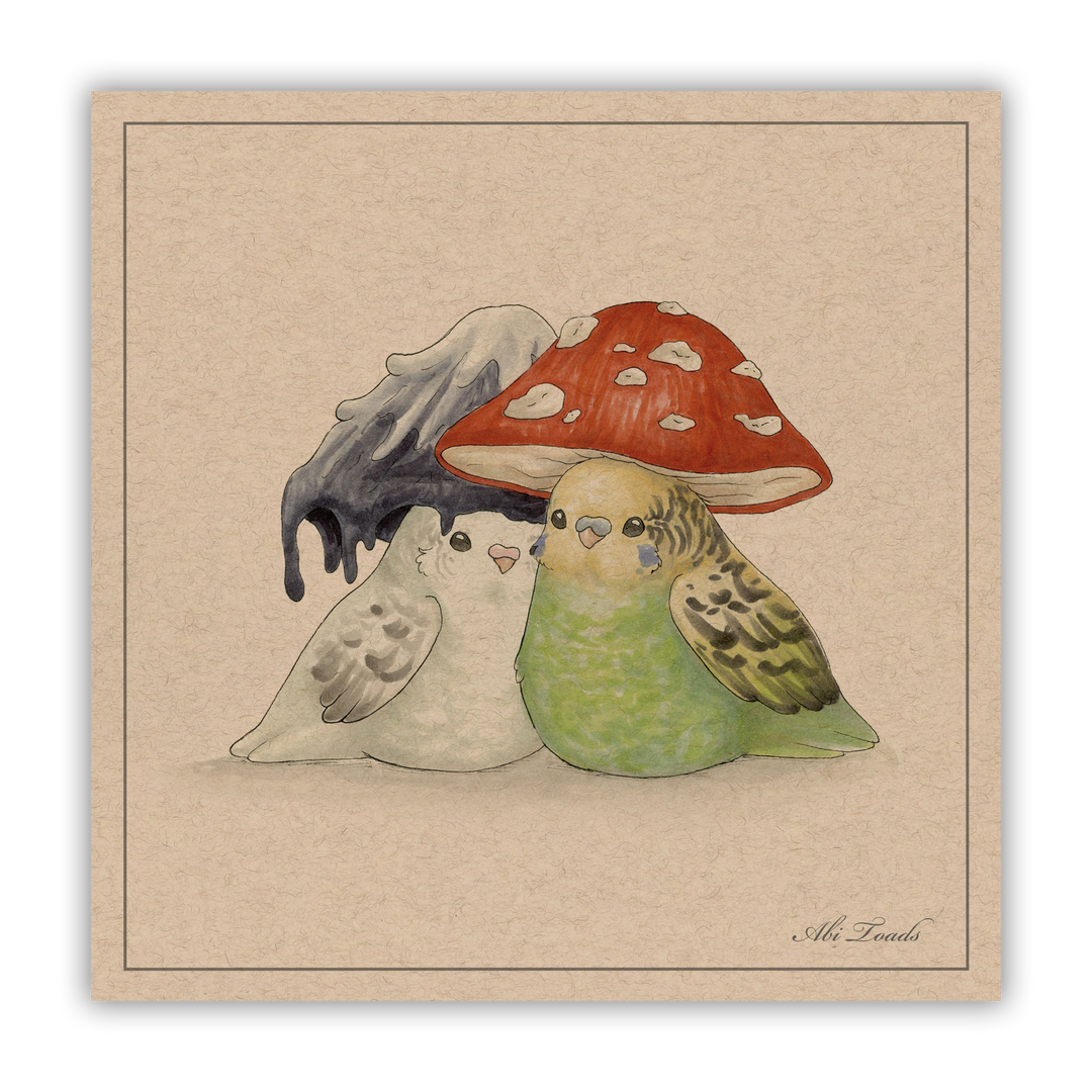 A print of two lovebirds with mushroom-shaped hats on their heads