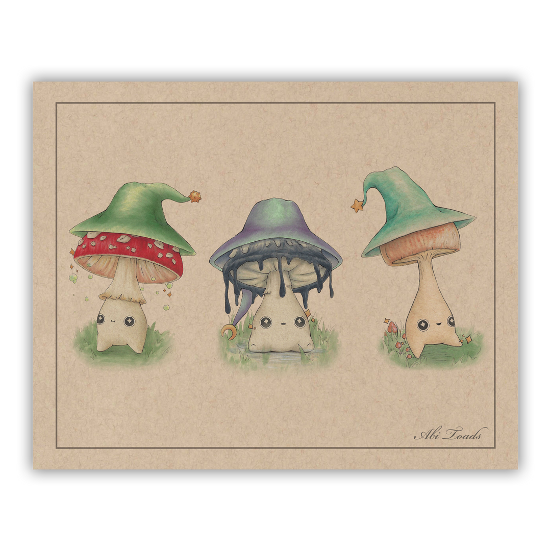 print of three mushroom characters in wizard hats
