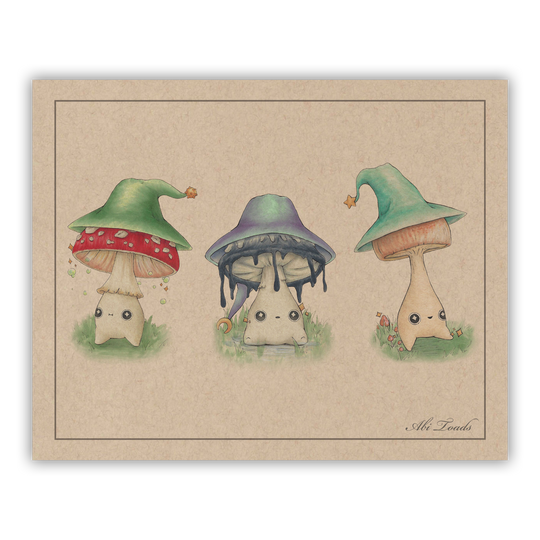 print of three mushroom characters in wizard hats