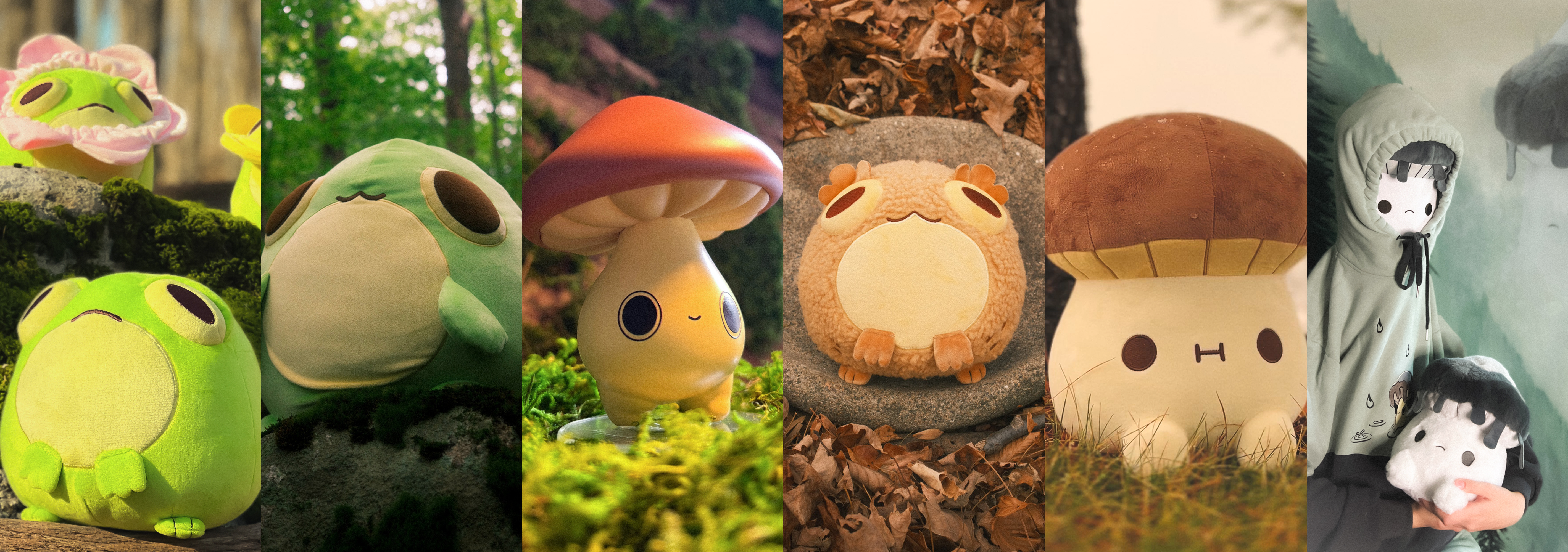 compilation of frog and mushroom plush toys