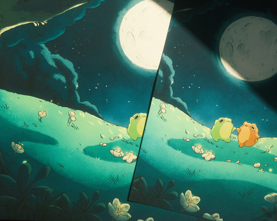 prints of two frogs dancing in a field under the light of a moon, two of them to show a size reference