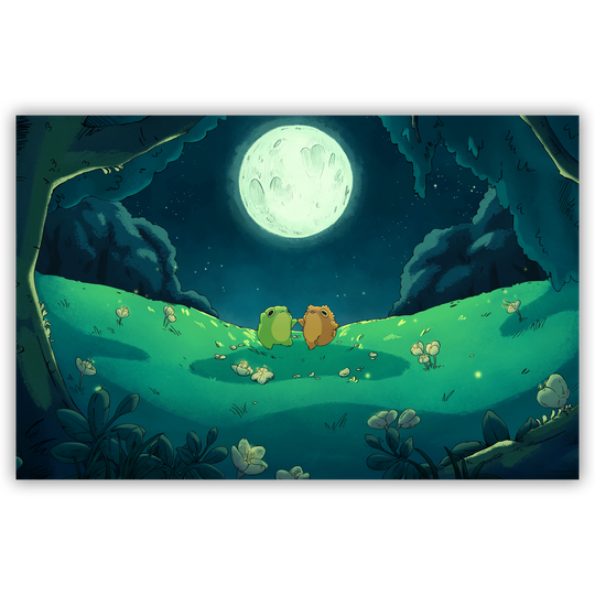 print of two frogs dancing in a field under the light of a moon