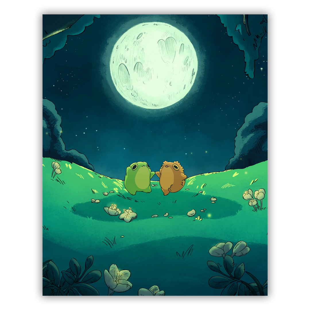 print of two frogs dancing in a field under the light of a moon