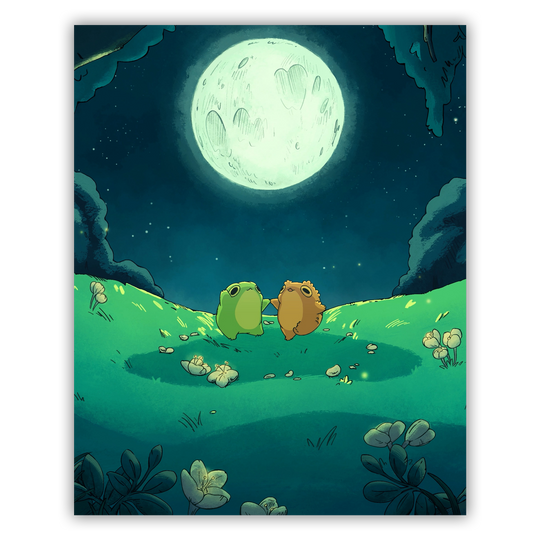 print of two frogs dancing in a field under the light of a moon