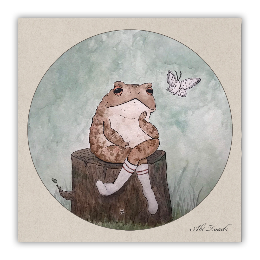 A watercolor painting print of a toad sitting on a stump with a butterfly in the background