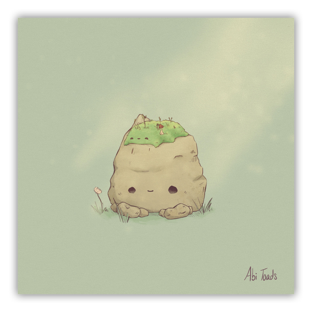 print of a happy rock with a pile of moss on top of his head, hugging it