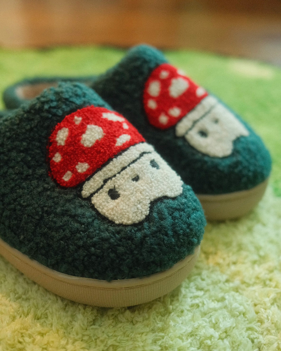 two slippers with fly agaric mushroom characters on them