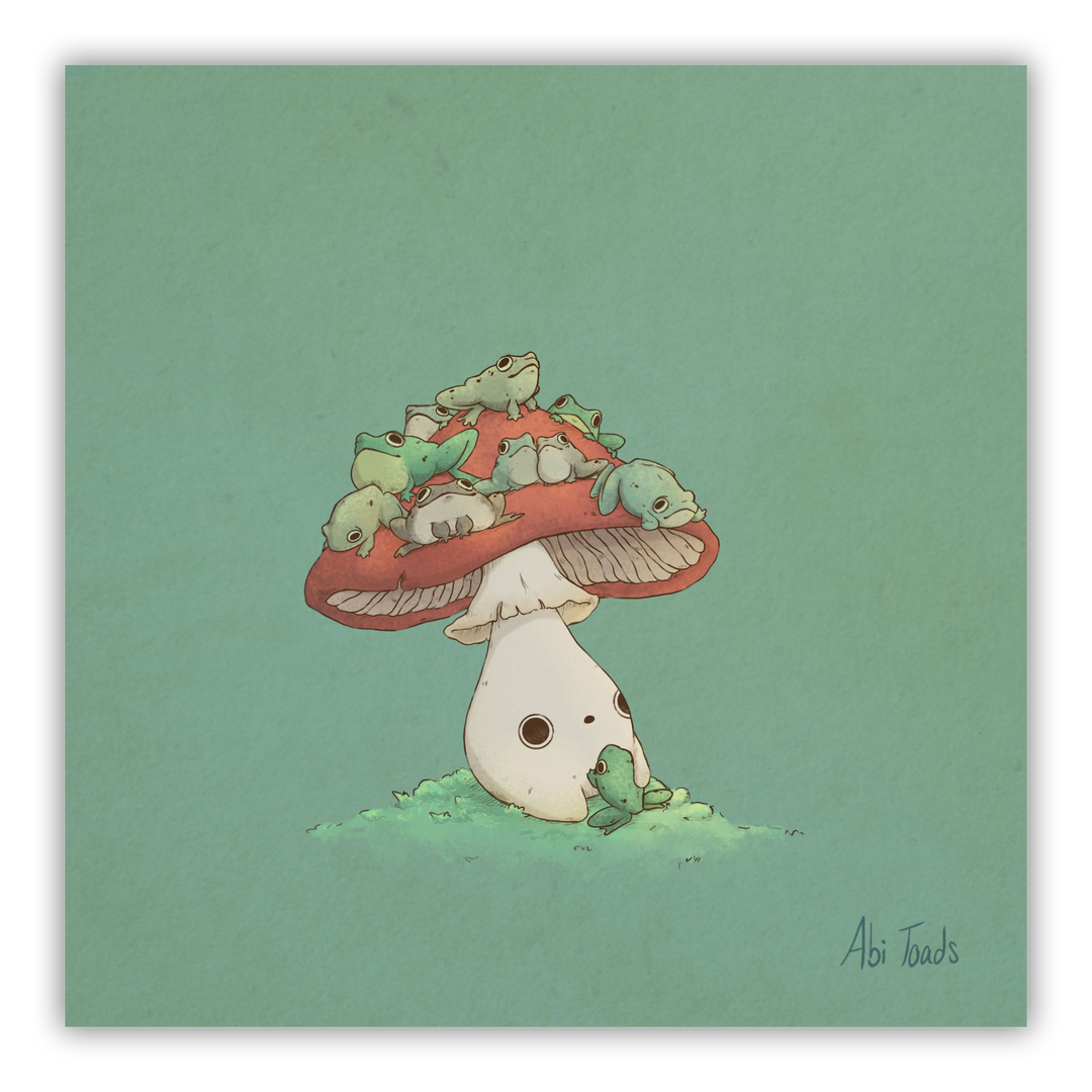 print of red capped mushling with many frogs sitting on top of his head