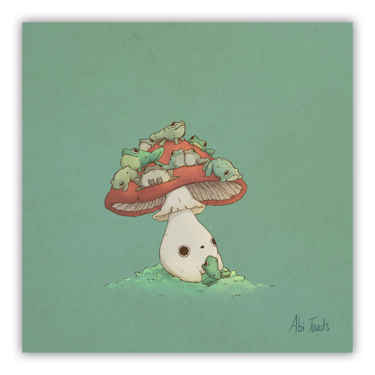 print of red capped mushling with many frogs sitting on top of his head