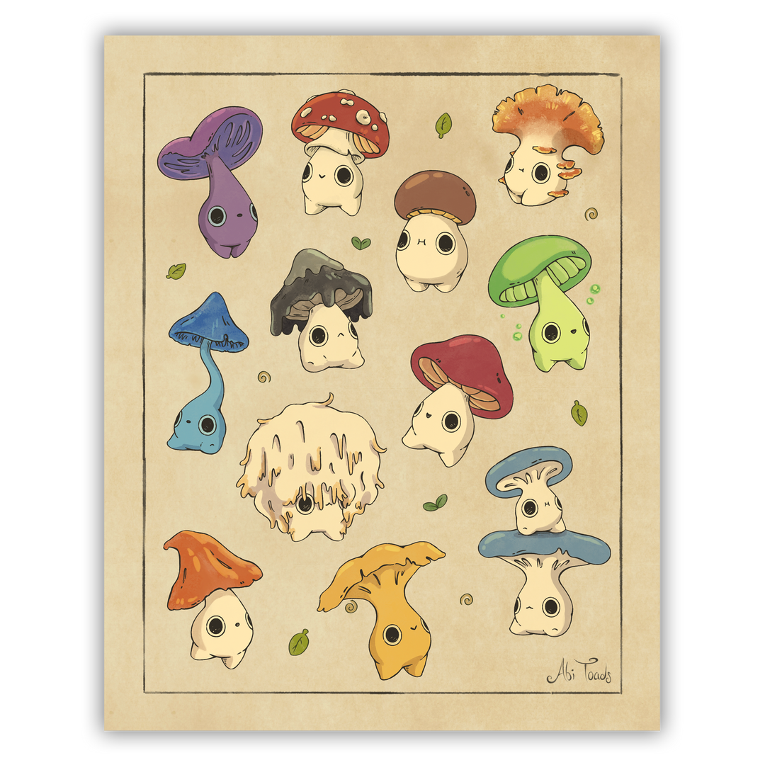 a bunch of cartoonish adorable mushroom characters on a beige paper background