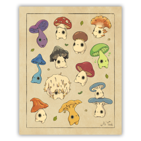 a bunch of cartoonish adorable mushroom characters on a beige paper background