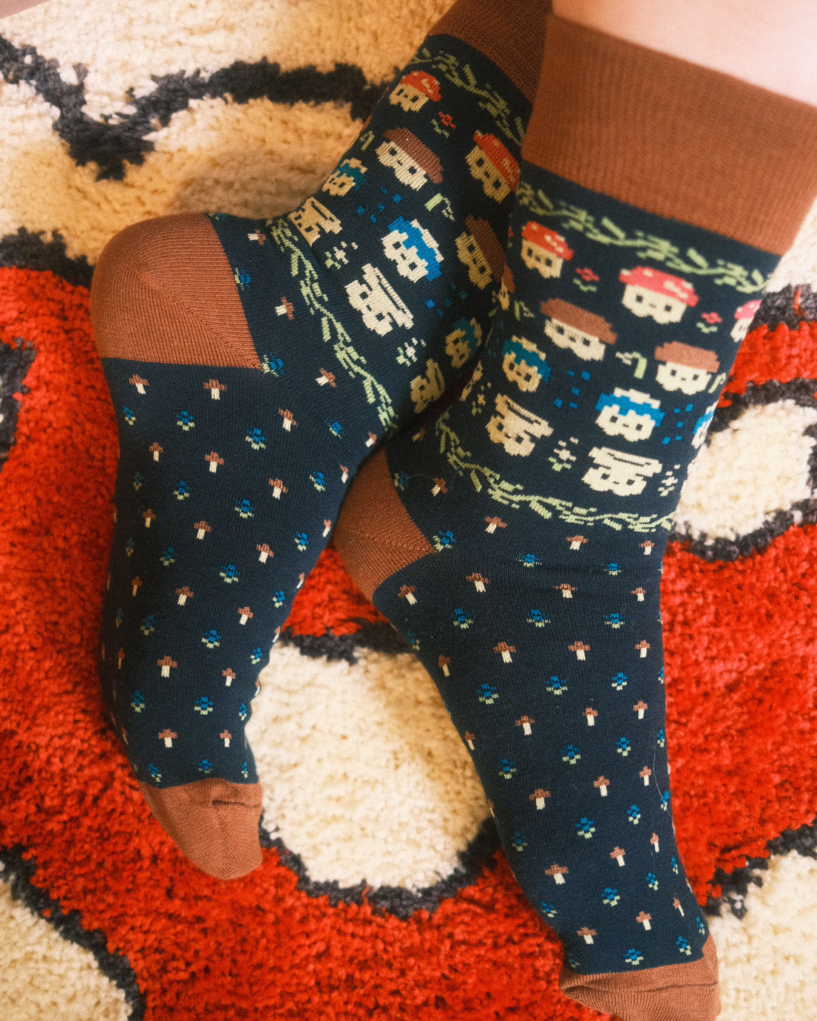 navy socks with fair isle mushlings on them