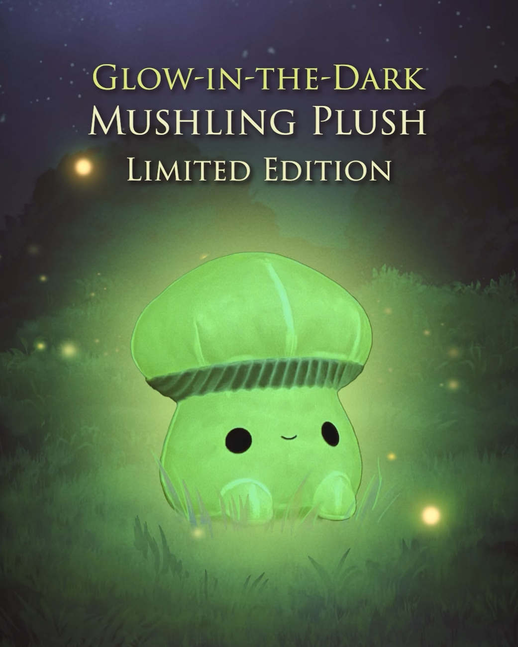 Glow-in-the-dark mushling plush toy with a starry night background