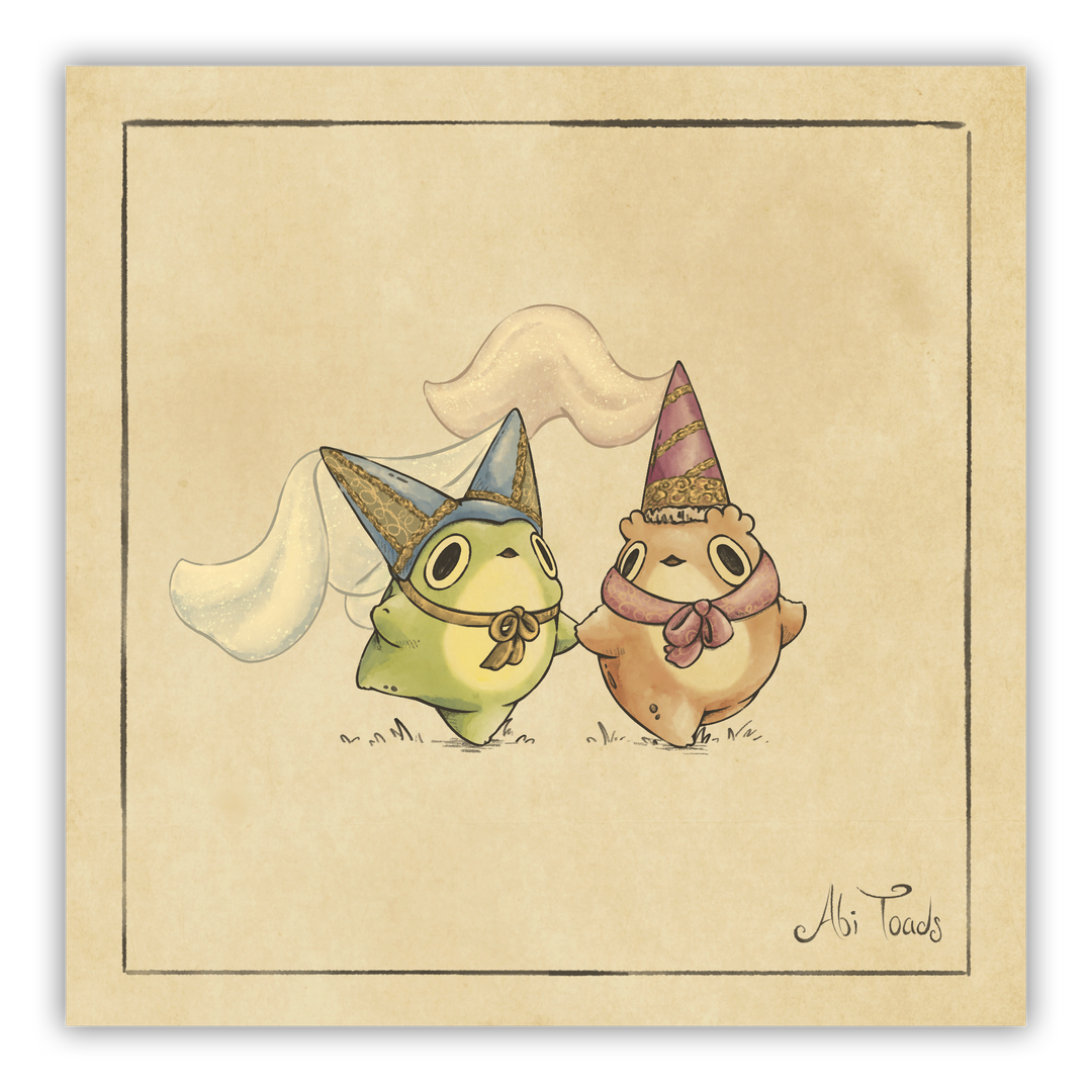 illustration of a frog and toad in cute princess hats on a beige background