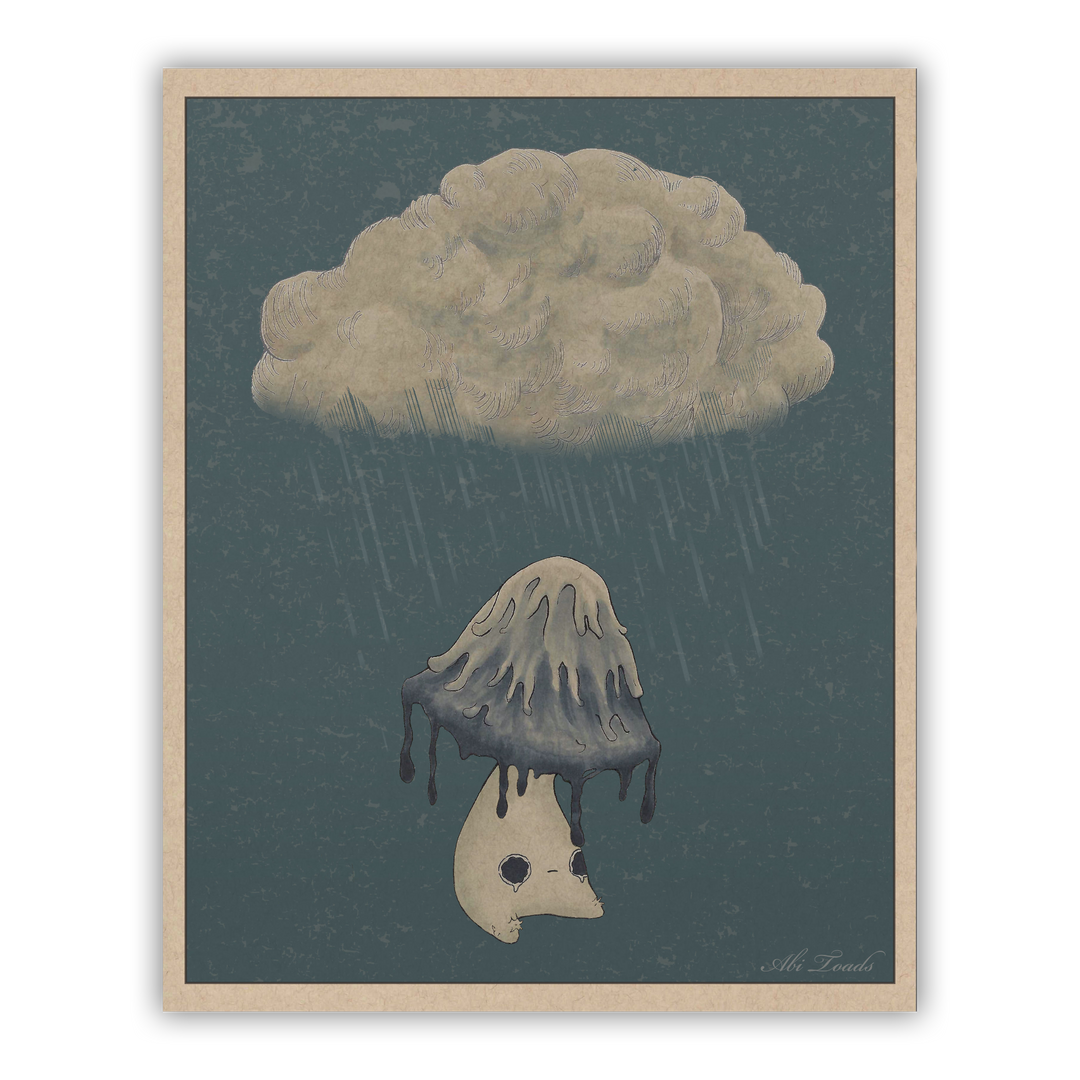 A print featuring a sad mushroom character, Inky, with a large cloud in the background raining. The mushroom has black details, and the background is in gray tones.
