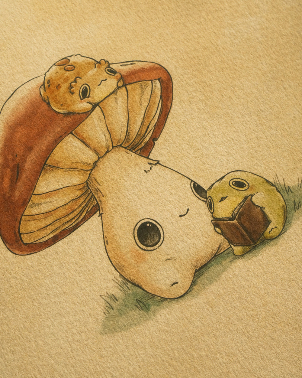 Illustration of a mushroom and a small frog on a beige background
