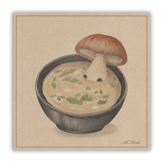 print of a mushling in a bowl of soup