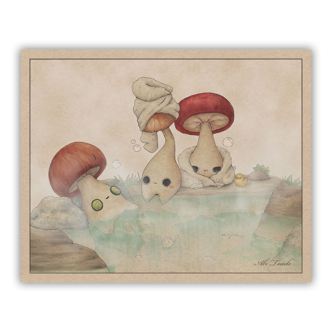 print of three mushlings enjoying a hot spring