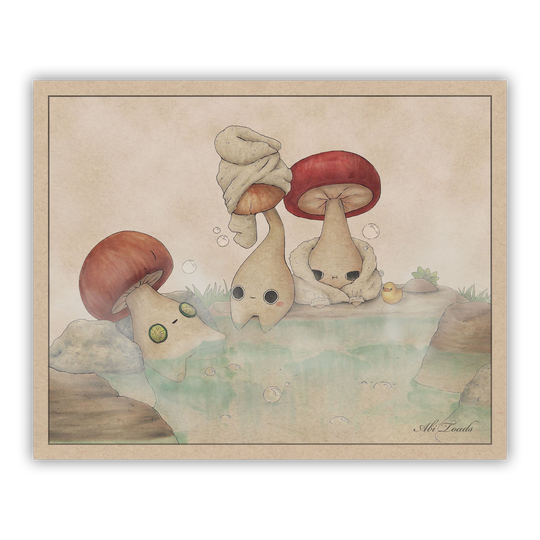 print of three mushlings enjoying a hot spring