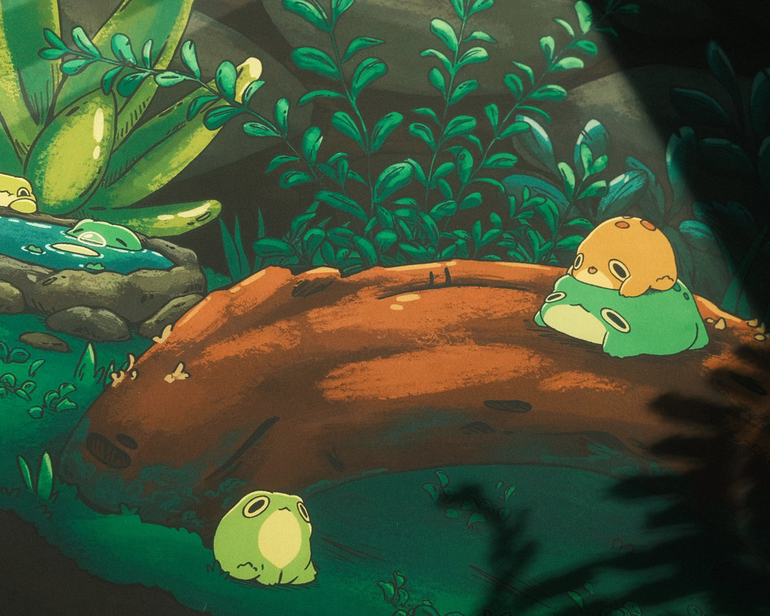 closeup of print of cute frogs in a terrarium