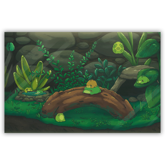 print of cute frogs in a plant filled terrarium
