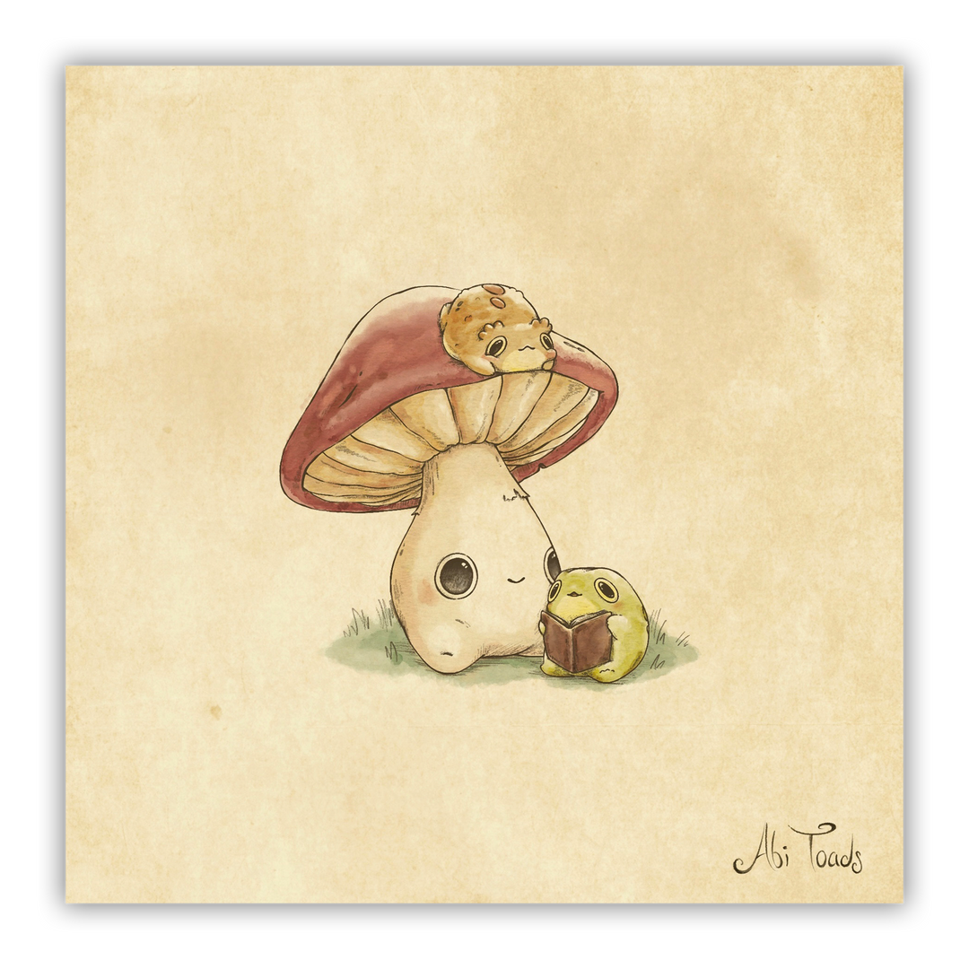 Illustration of a mushroom with small frogs on a beige background