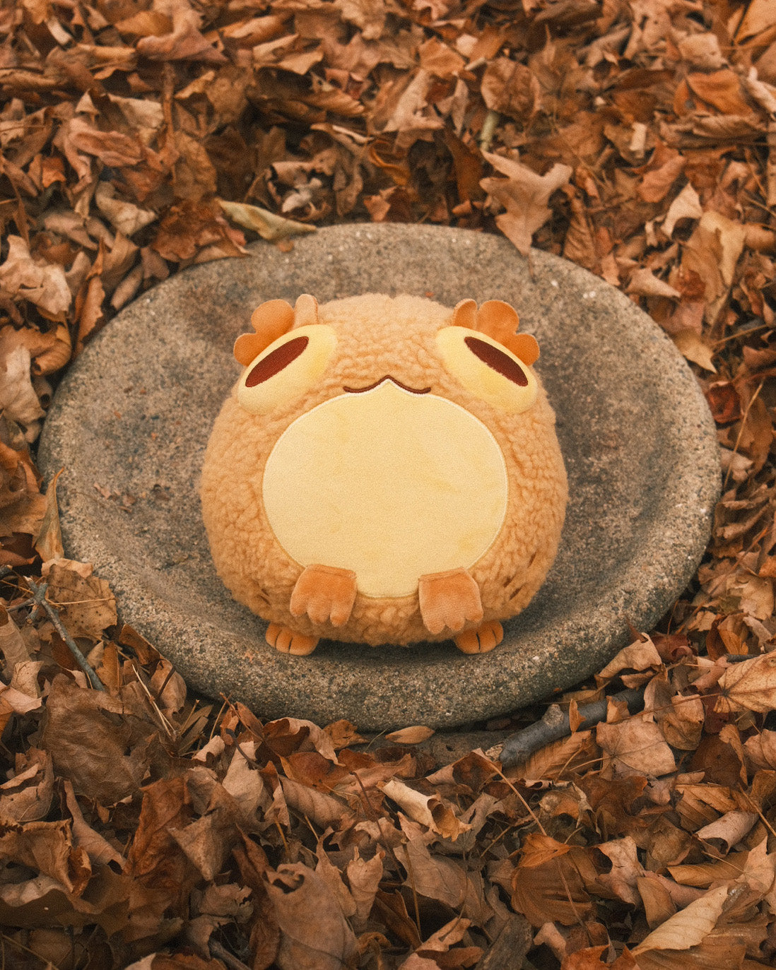 toad plush on a rock with a leafy background