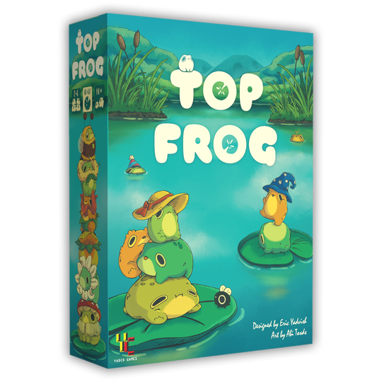 box lid for top frog board game, frogs stacked on top of each other wearing hats
