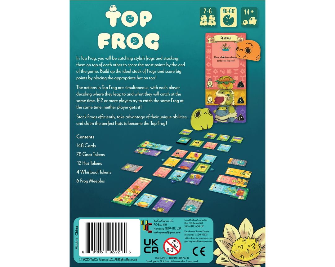description of top frog game and list of components, overview shot of cards and meeples