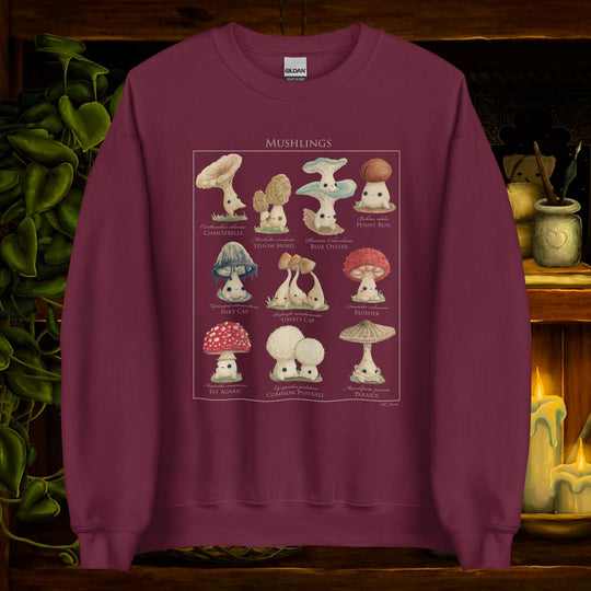 Product mockup of sweatshirt with cartoonish mushroom identification poster on the front